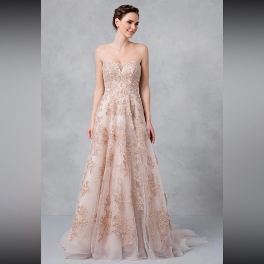 Oleg Cassini Blush/Metallic Lace Appliqué A-Line Strapless Wedding Dress. Small